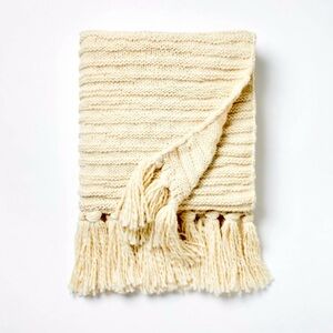 Chunky Cream Colored Raised Stripe Knitted Throw with Tassels
